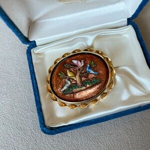RARE Vintage 14K Gold Brooch Micro Mosaic Doves